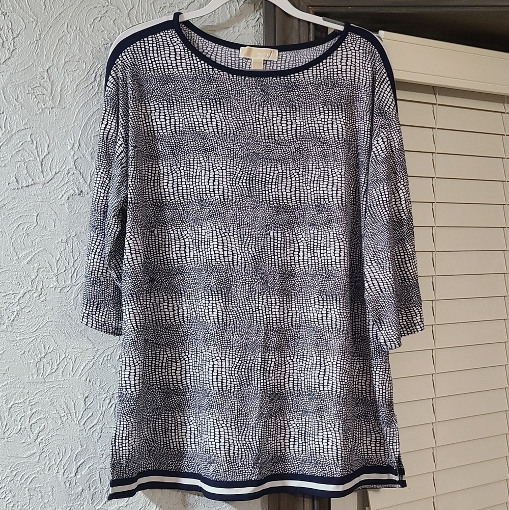 MICHAEL KORS Women's Navy /  White Print Long Sleeve Dress Stretch Size 1X